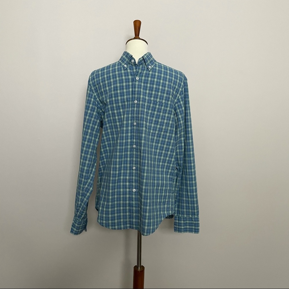 J Crew Shirt Slim Flexed Wash Button Down Lightweight Plaid Blue Green White